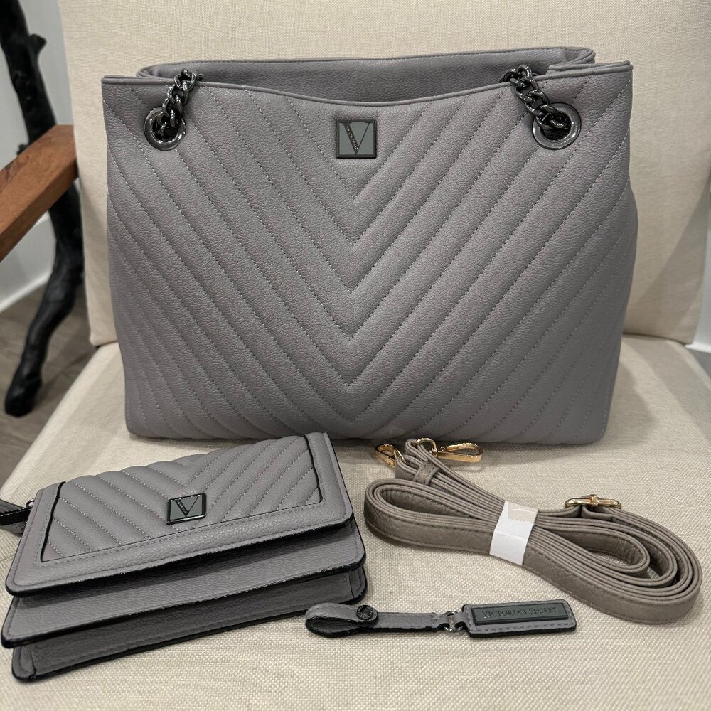 Victoria Secret Gray V Chevron Bag and Wallet